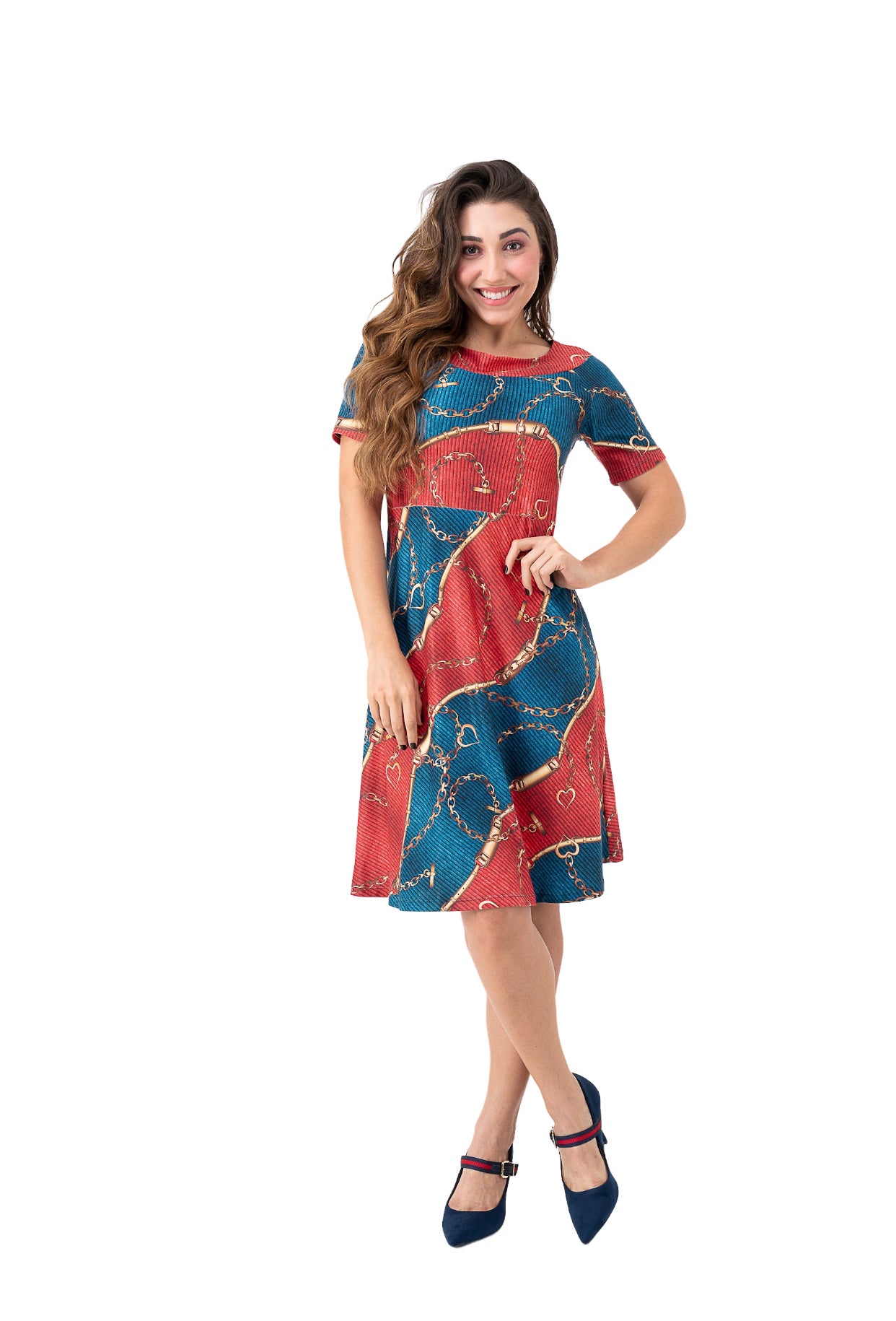 Vestido Midi Godê em Coloração Azul e Vermelho