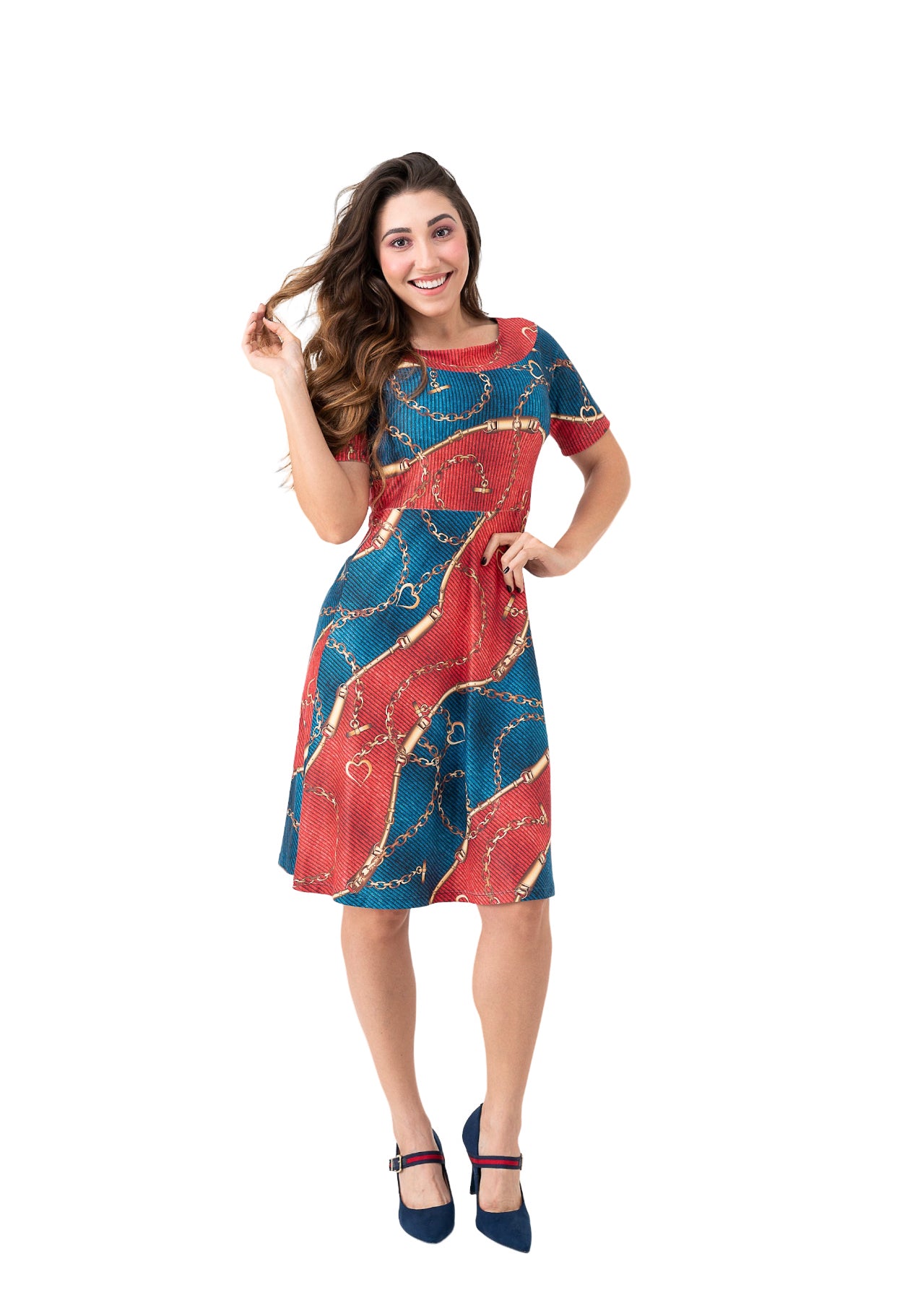 Vestido Midi Godê em Coloração Azul e Vermelho