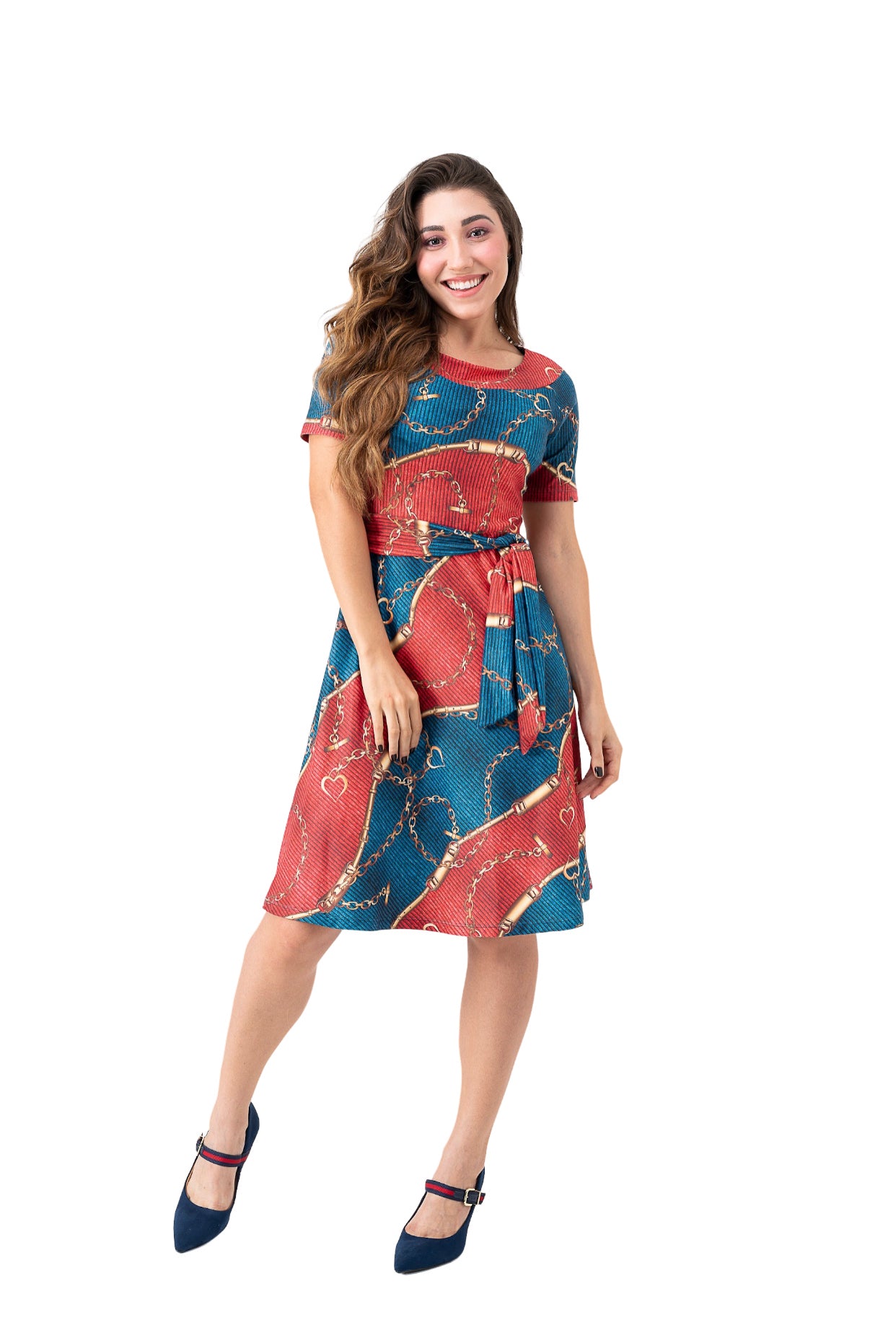 Vestido Midi Godê em Coloração Azul e Vermelho