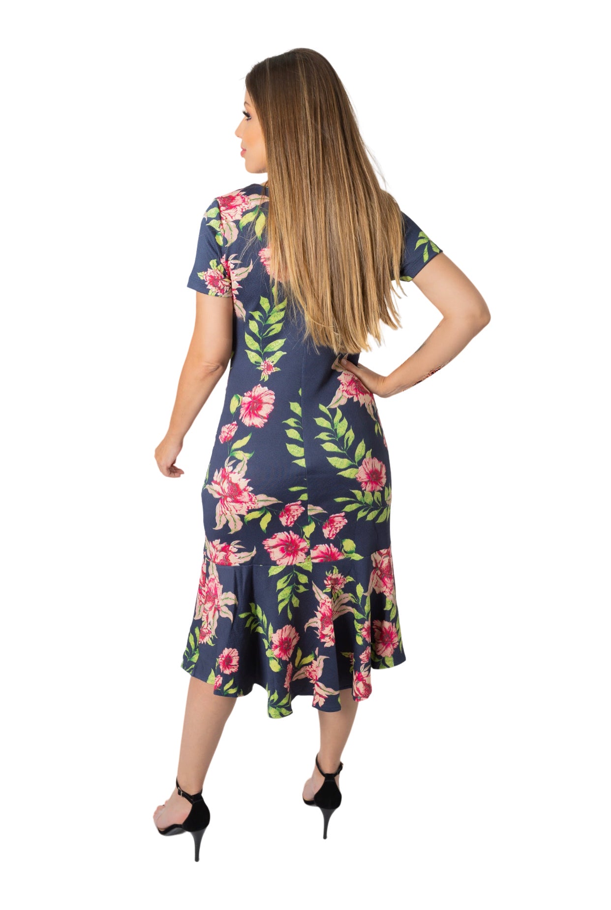 Vestido Tubinho Preto Estampa Floral Romantico